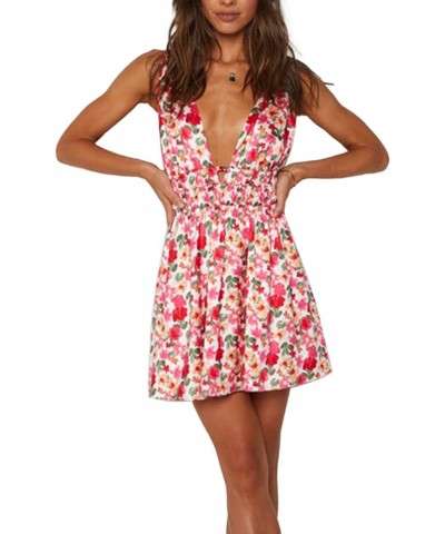 Women Summer Strappy Mini Dress Spaghetti Strap Lined Bust Floral Print Short Dress Beach Dress Sundress Red $8.39 Swimsuits