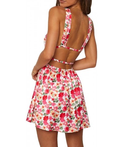 Women Summer Strappy Mini Dress Spaghetti Strap Lined Bust Floral Print Short Dress Beach Dress Sundress Red $8.39 Swimsuits