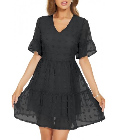 Women’s V Neck Cute Shift Dress with Pockets Bell Sleeve Ruffle Hem Loose Swing Summer Tunic Mini Dress Black Swiss Dot $16.4...