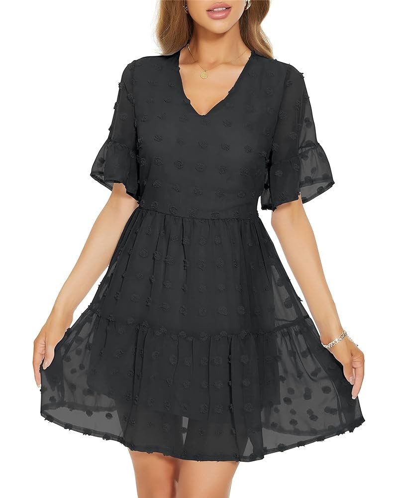 Women’s V Neck Cute Shift Dress with Pockets Bell Sleeve Ruffle Hem Loose Swing Summer Tunic Mini Dress Black Swiss Dot $16.4...