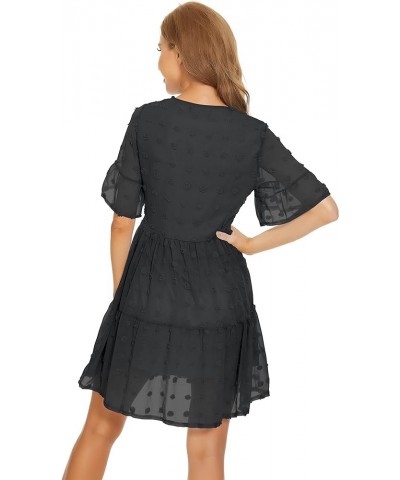 Women’s V Neck Cute Shift Dress with Pockets Bell Sleeve Ruffle Hem Loose Swing Summer Tunic Mini Dress Black Swiss Dot $16.4...