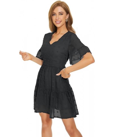 Women’s V Neck Cute Shift Dress with Pockets Bell Sleeve Ruffle Hem Loose Swing Summer Tunic Mini Dress Black Swiss Dot $16.4...