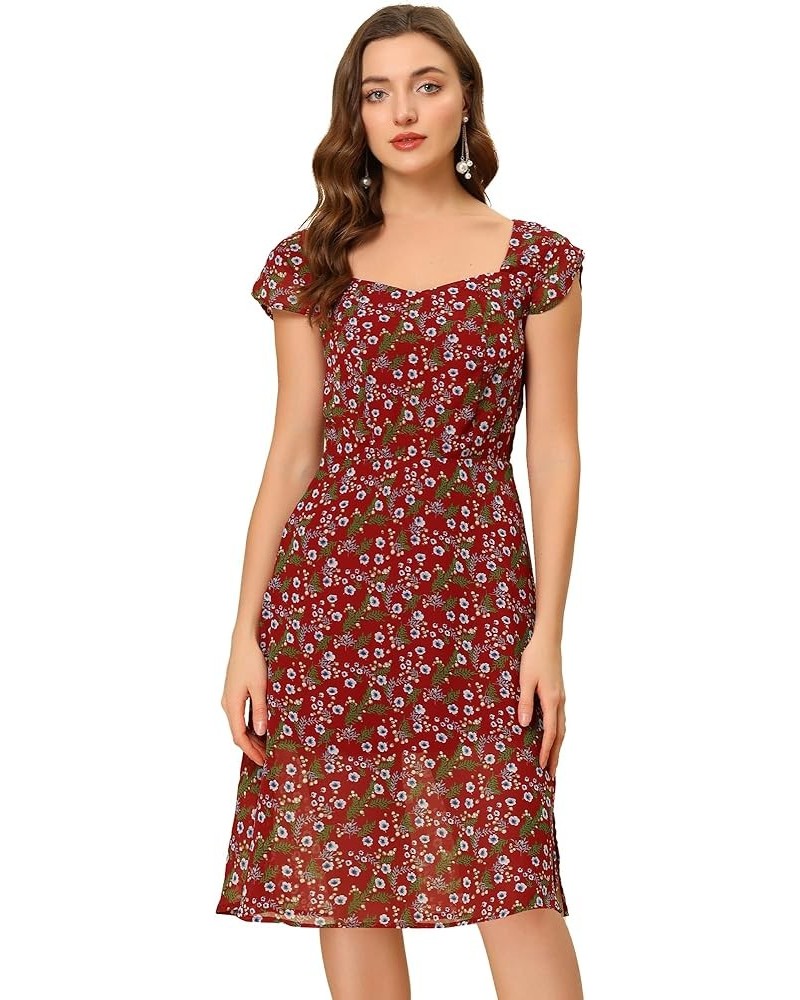 Women's Smocked Sweetheart Cap Sleeve Cinched Floral Chiffon Midi Dress Burgundy $18.13 Dresses