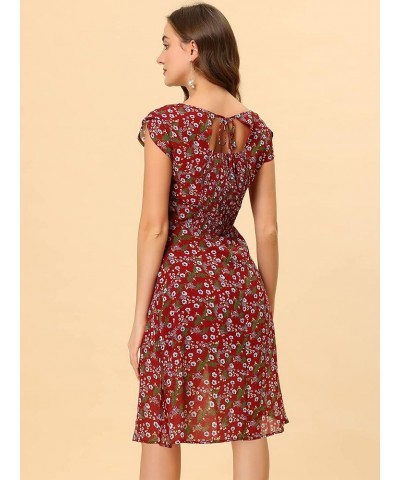 Women's Smocked Sweetheart Cap Sleeve Cinched Floral Chiffon Midi Dress Burgundy $18.13 Dresses