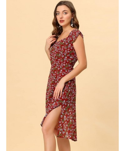 Women's Smocked Sweetheart Cap Sleeve Cinched Floral Chiffon Midi Dress Burgundy $18.13 Dresses