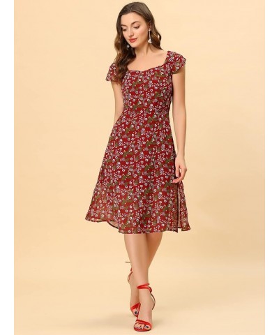 Women's Smocked Sweetheart Cap Sleeve Cinched Floral Chiffon Midi Dress Burgundy $18.13 Dresses