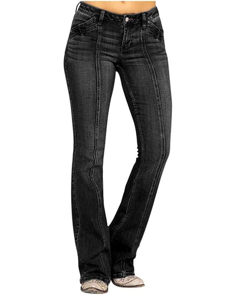 Womens Washed Flare Denim Pants Premium Lower Waisted Slim Fit Pull On Bell Bottom Straight Leg Work Bootcut Jeans A-black $1...