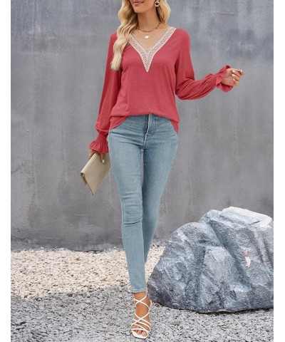 Women's Casual Long Puff Sleeve Tops Dressy Lace V Neck Smocked Cuffs Loose Tunic Blouses Watermelon $16.49 Blouses