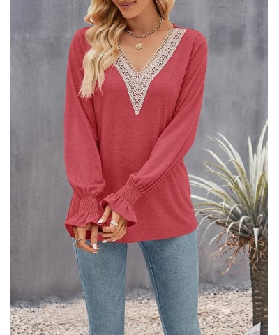 Women's Casual Long Puff Sleeve Tops Dressy Lace V Neck Smocked Cuffs Loose Tunic Blouses Watermelon $16.49 Blouses