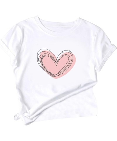 Women's Heart Print T Shirts Summer Funny Short Sleeve Tops White Pink Heart $10.79 Others