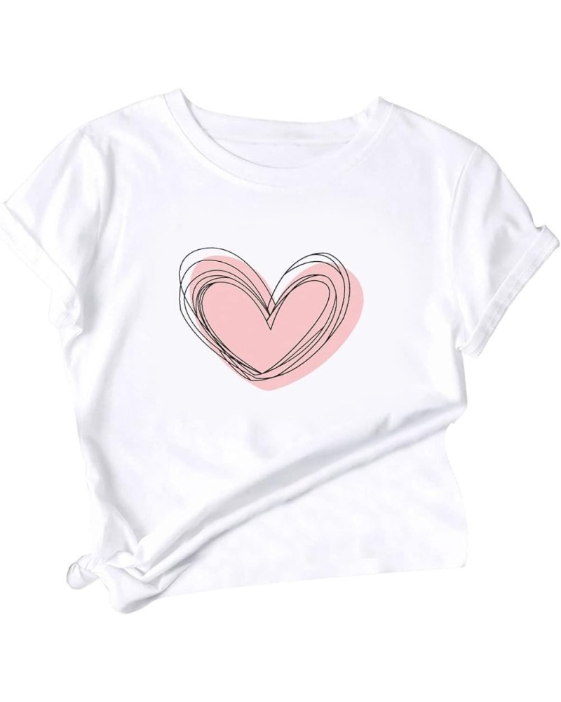 Women's Heart Print T Shirts Summer Funny Short Sleeve Tops White Pink Heart $10.79 Others