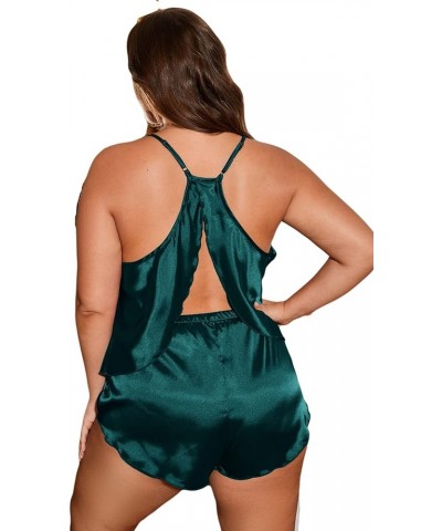 Women's Plus Size Satin Pajama Set Cami Top with Shorts Sleepwear Dark Green $10.50 Sleep & Lounge