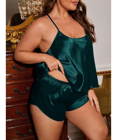 Women's Plus Size Satin Pajama Set Cami Top with Shorts Sleepwear Dark Green $10.50 Sleep & Lounge