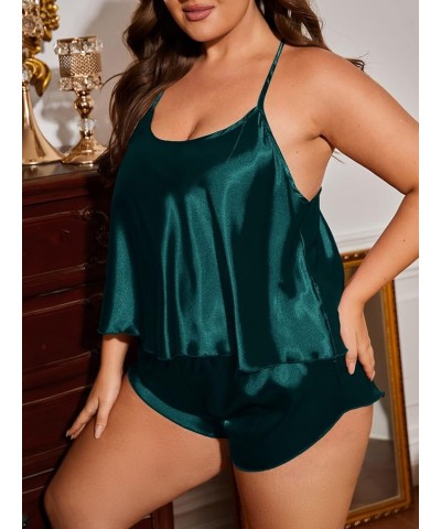 Women's Plus Size Satin Pajama Set Cami Top with Shorts Sleepwear Dark Green $10.50 Sleep & Lounge