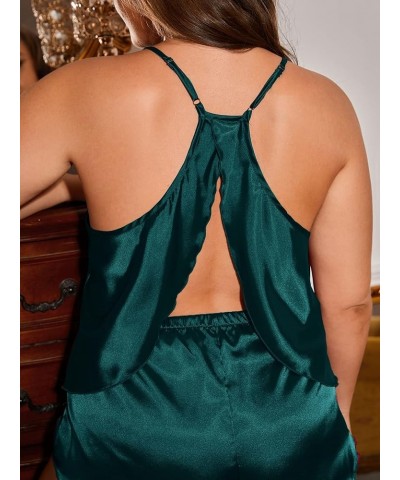 Women's Plus Size Satin Pajama Set Cami Top with Shorts Sleepwear Dark Green $10.50 Sleep & Lounge