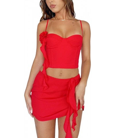 Women Y2K Ruffle Mesh 2 Piece Skirt Set Sheer Sleeveless Tube Top Flower Ruffle Split Mini Skirt Streetwear Outfits K-red $12...