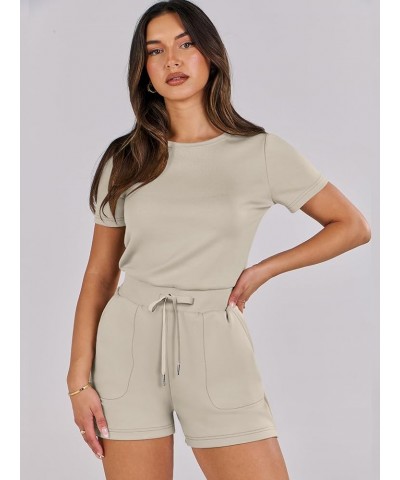 Women's Summer Crewneck Casual Loose Short Sleeve One Piece Rompers Jumpsuit Outfits with Pockets Light Khaki $16.95 Rompers