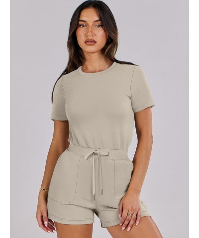 Women's Summer Crewneck Casual Loose Short Sleeve One Piece Rompers Jumpsuit Outfits with Pockets Light Khaki $16.95 Rompers