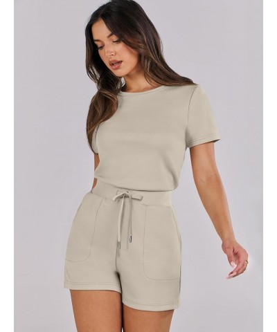 Women's Summer Crewneck Casual Loose Short Sleeve One Piece Rompers Jumpsuit Outfits with Pockets Light Khaki $16.95 Rompers