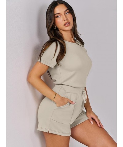 Women's Summer Crewneck Casual Loose Short Sleeve One Piece Rompers Jumpsuit Outfits with Pockets Light Khaki $16.95 Rompers