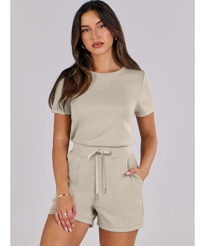 Women's Summer Crewneck Casual Loose Short Sleeve One Piece Rompers Jumpsuit Outfits with Pockets Light Khaki $16.95 Rompers