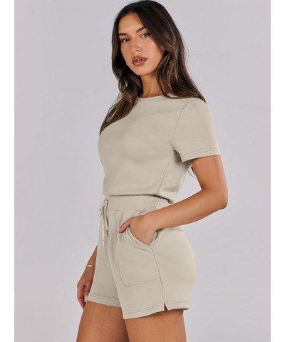 Women's Summer Crewneck Casual Loose Short Sleeve One Piece Rompers Jumpsuit Outfits with Pockets Light Khaki $16.95 Rompers