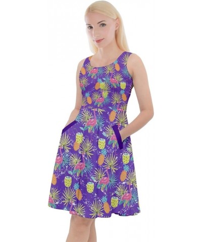 Womens Pineapple Summer Hawaii Fruits Print Casual Knee Length Skater Dress with Pockets, XS-5XL Blue Violet $13.20 Dresses