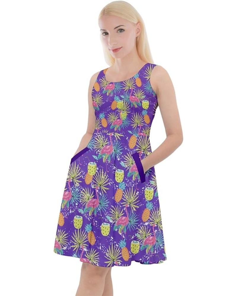 Womens Pineapple Summer Hawaii Fruits Print Casual Knee Length Skater Dress with Pockets, XS-5XL Blue Violet $13.20 Dresses