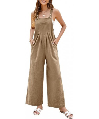 Womens Overalls Casual Loose Sleeveless Jumpsuits Adjustable Straps Wide Leg Jumpsuit Rompers with Pockets Khaki $17.60 Overalls