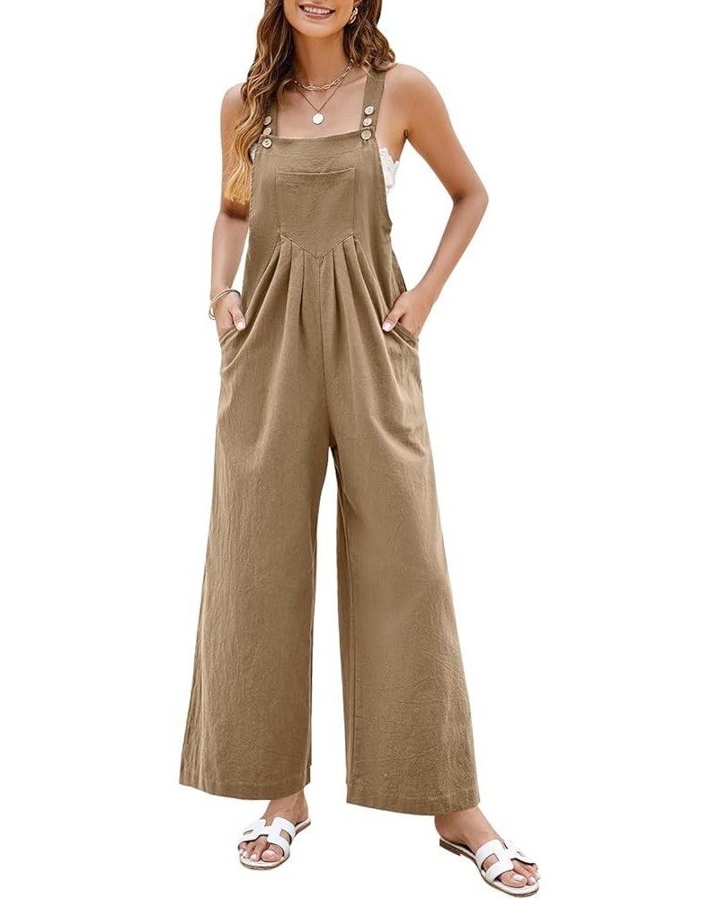 Womens Overalls Casual Loose Sleeveless Jumpsuits Adjustable Straps Wide Leg Jumpsuit Rompers with Pockets Khaki $17.60 Overalls