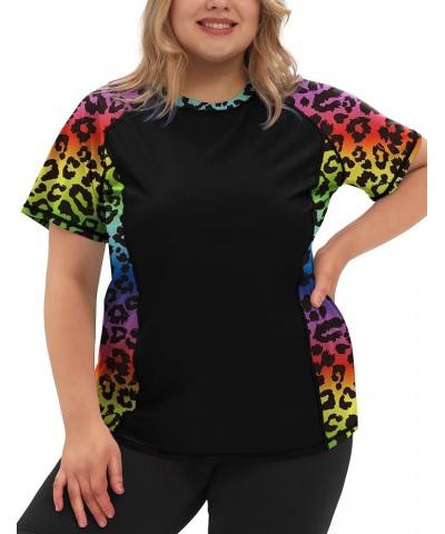 Womens Plus Size Rash Guard Short Sleeve Swim Shirt UPF 50+ Sun Protection Swimming Top Black + Colourful Leopard $12.25 Swim...