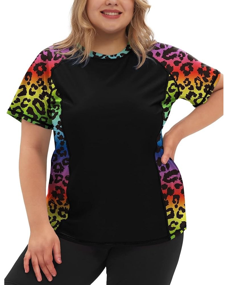 Womens Plus Size Rash Guard Short Sleeve Swim Shirt UPF 50+ Sun Protection Swimming Top Black + Colourful Leopard $12.25 Swim...