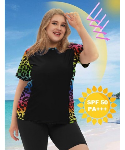 Womens Plus Size Rash Guard Short Sleeve Swim Shirt UPF 50+ Sun Protection Swimming Top Black + Colourful Leopard $12.25 Swim...