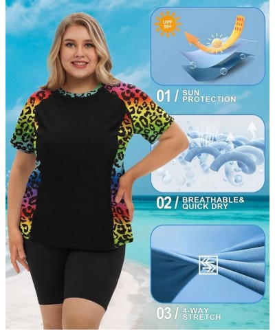 Womens Plus Size Rash Guard Short Sleeve Swim Shirt UPF 50+ Sun Protection Swimming Top Black + Colourful Leopard $12.25 Swim...