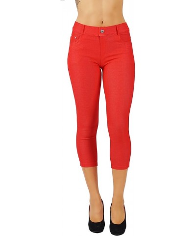 Women's Jean Look Jeggings Tights Slim Fit Pull Up Pants Solid Colors Full Length and Capri Casual Leggings S-3X 5s01-cp-red ...