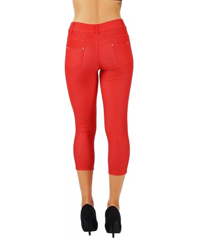 Women's Jean Look Jeggings Tights Slim Fit Pull Up Pants Solid Colors Full Length and Capri Casual Leggings S-3X 5s01-cp-red ...