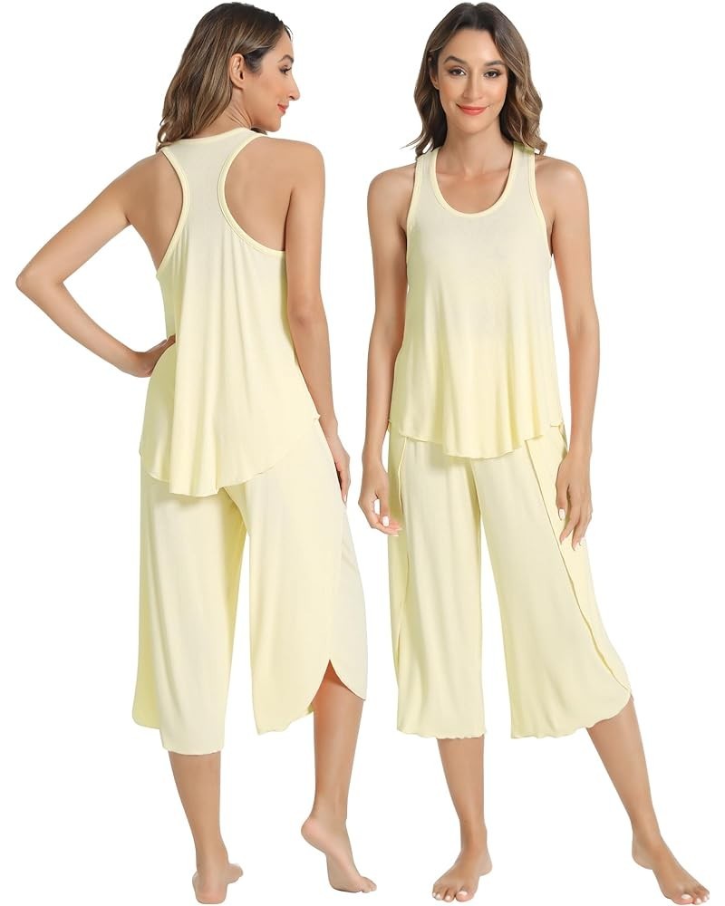 Pajamas for Women-Viscose Made from Bamboo,Ribbed Pjs Racerback Tank Top and Capri Pants Sleeveless Pajama Sets S-4X Yellow $...