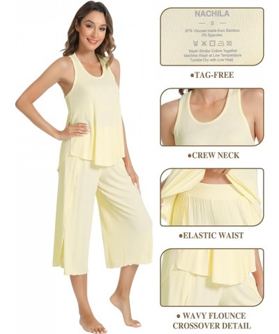 Pajamas for Women-Viscose Made from Bamboo,Ribbed Pjs Racerback Tank Top and Capri Pants Sleeveless Pajama Sets S-4X Yellow $...