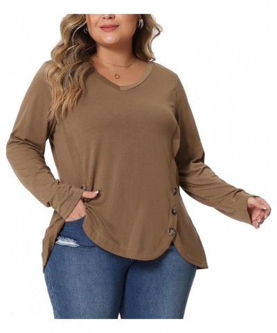 Plus Size Tunic Tops for Women Casual V Neck Loose Button Side Long Sleeve Basic Swing Blouses Brown $16.63 Tops