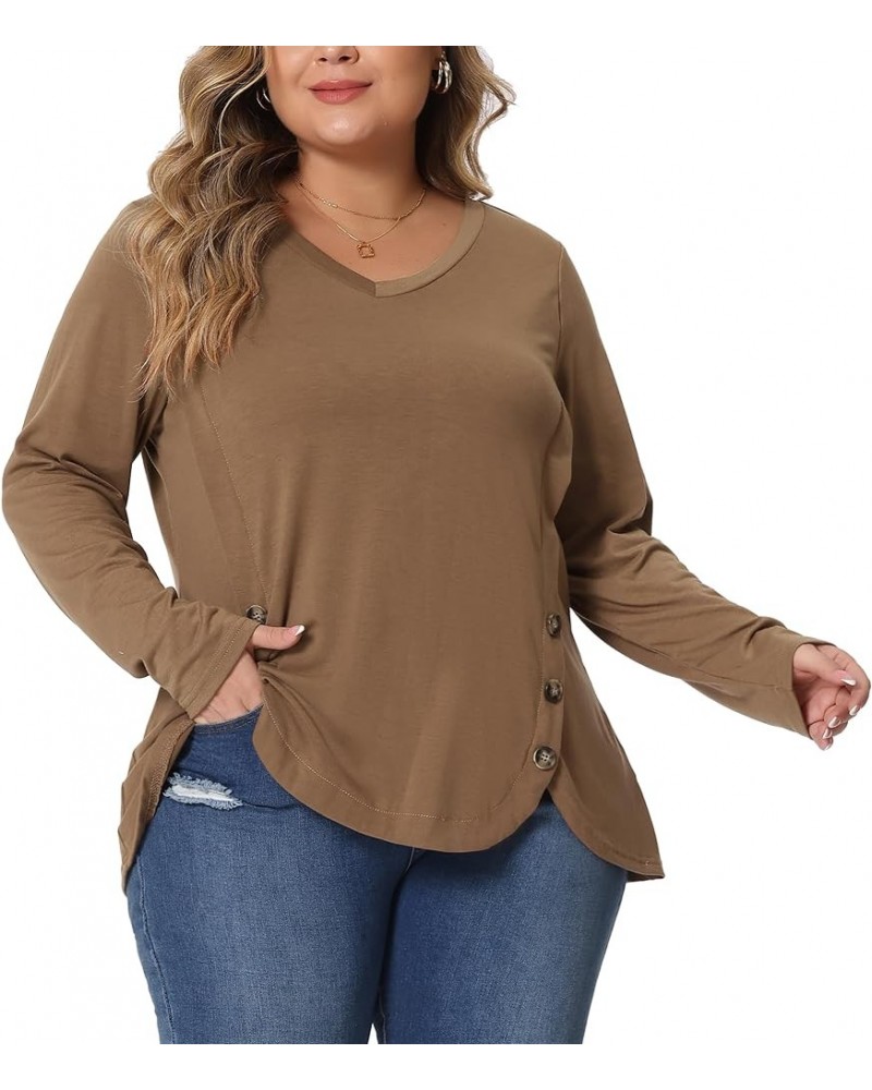 Plus Size Tunic Tops for Women Casual V Neck Loose Button Side Long Sleeve Basic Swing Blouses Brown $16.63 Tops