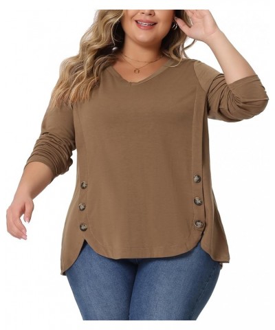 Plus Size Tunic Tops for Women Casual V Neck Loose Button Side Long Sleeve Basic Swing Blouses Brown $16.63 Tops