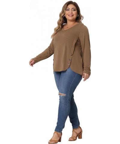 Plus Size Tunic Tops for Women Casual V Neck Loose Button Side Long Sleeve Basic Swing Blouses Brown $16.63 Tops