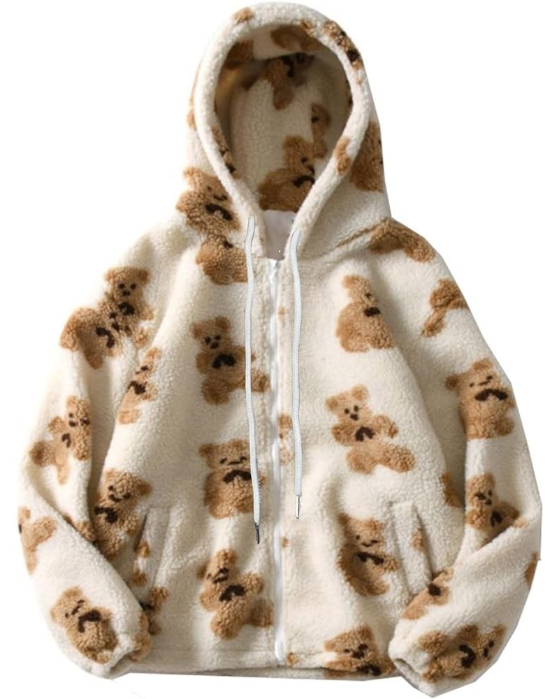 Womens Fuzzy Fleece Jacket Cute Teddy Bear Print Zip Up Hooded Coats Oversized Long Sleeve Outwear with Pockets 01 White $14....