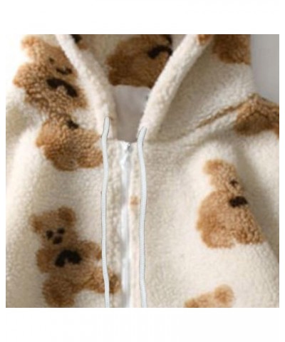 Womens Fuzzy Fleece Jacket Cute Teddy Bear Print Zip Up Hooded Coats Oversized Long Sleeve Outwear with Pockets 01 White $14....