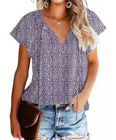 Women's Casual Floral Print V Neck Ruffle Short Sleeve Summer Shirts Tops Loose Blouses A-09-purple $10.99 Blouses