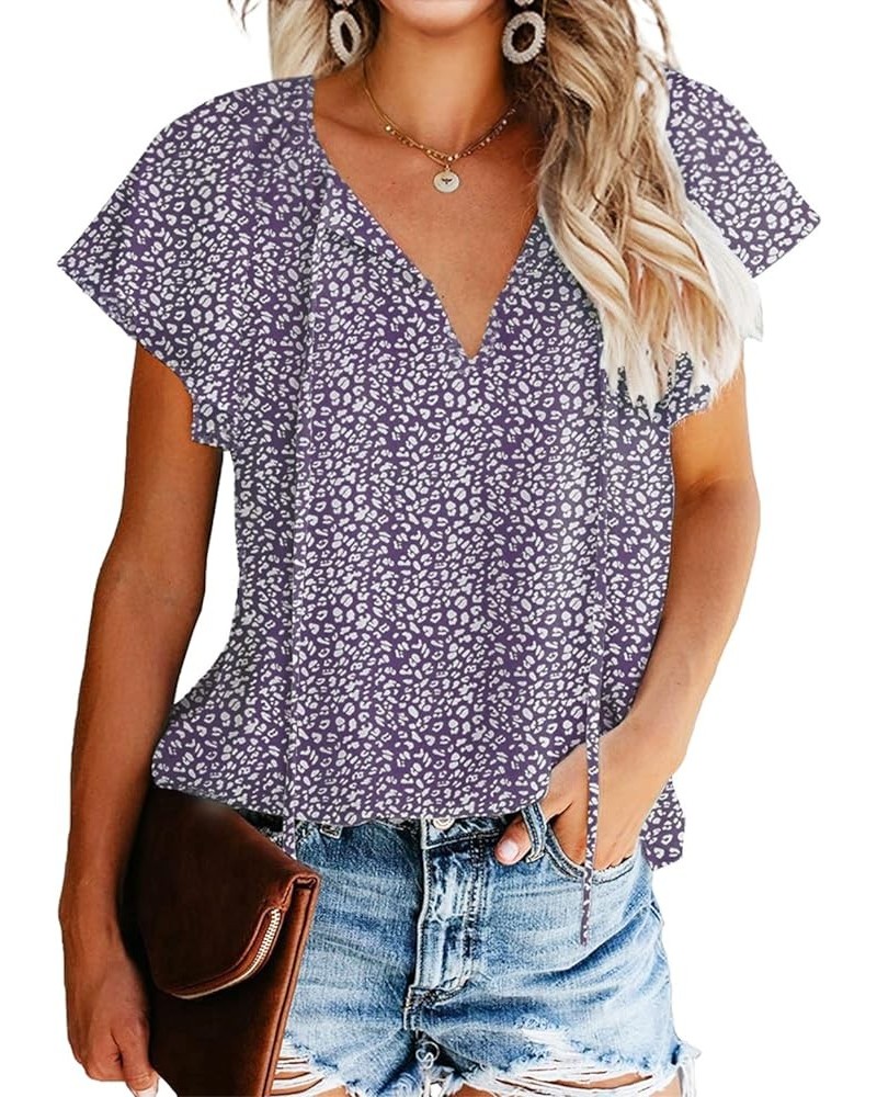 Women's Casual Floral Print V Neck Ruffle Short Sleeve Summer Shirts Tops Loose Blouses A-09-purple $10.99 Blouses