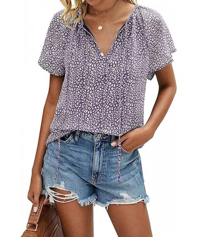 Women's Casual Floral Print V Neck Ruffle Short Sleeve Summer Shirts Tops Loose Blouses A-09-purple $10.99 Blouses