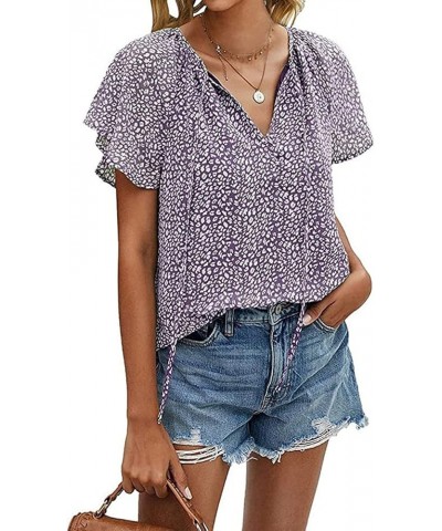 Women's Casual Floral Print V Neck Ruffle Short Sleeve Summer Shirts Tops Loose Blouses A-09-purple $10.99 Blouses