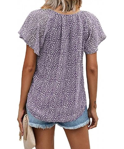 Women's Casual Floral Print V Neck Ruffle Short Sleeve Summer Shirts Tops Loose Blouses A-09-purple $10.99 Blouses