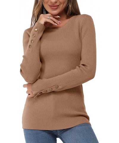 Women's Solid Long Sleeve Knit Crew Neck Button Stretch Casual Pullover Sweater long sleeve Dark Apricot-1 $15.99 Sweaters